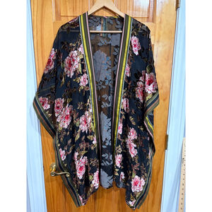 Aratta Silent Journey Viola Burnout Velvet Kimono Floral Rose Stripe Boho One Sz